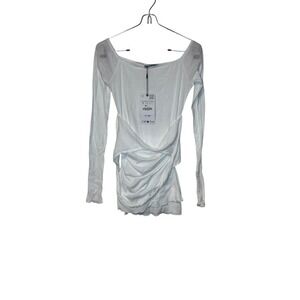Zara Women Top Semi Sheer Layered Boatneck Long Sleeve White‎ Cotton Small NWT